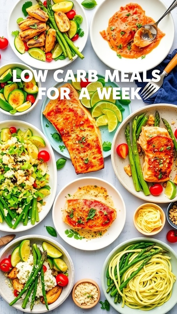 A week of low carb meals including salads, grilled meats, and healthy snacks displayed on a rustic table.